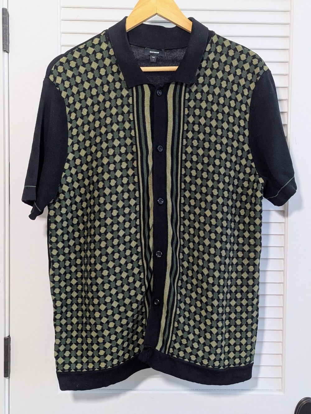 Express Men’s L Geometric Knit Polo Black Olive Retro